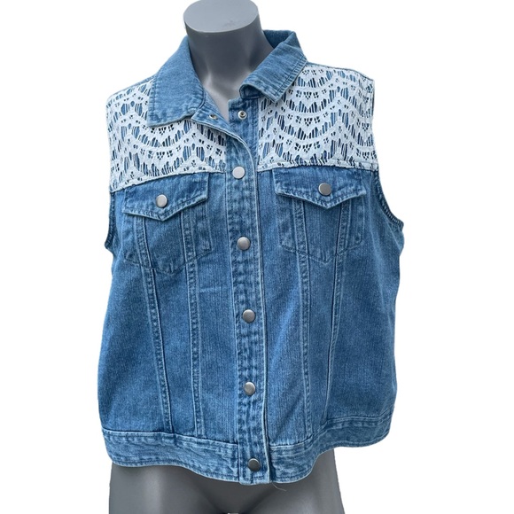 NY Collection Denim and Lace Button Vest - Picture 3 of 4